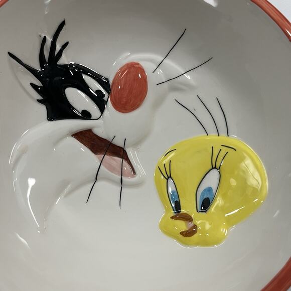 NEW VINTAGE 1993 LOONEY TUNES TWEETY BIRD SYLVESTER CERAMIC PET‎ BOWL DISH 8" - Picture 3 of 6